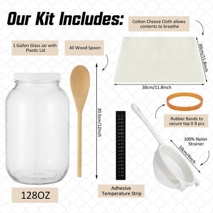 Honeydak 16 Pcs Complete Kefir Starter Kit Kombucha Fermenter Kit Gallon 128oz Mason Jar Wide Mouth with Plastic Storage Lid Nylon Mesh Strainer Cotton Cloth Cover and Wood Spoon