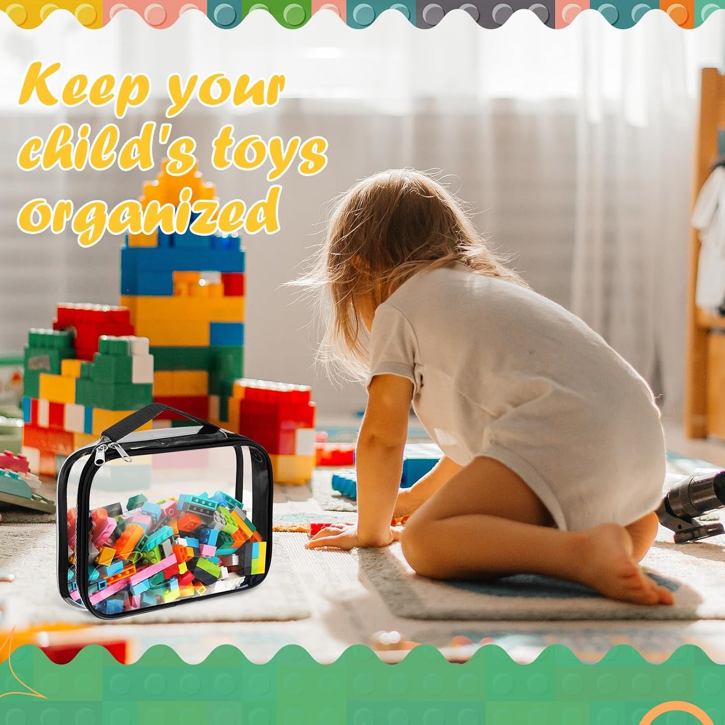 Sanwuta 3 Packs Toy Storage Bags with Zipper, Clear PVC Organizing Bags for Board Games and Kids Books (Black, White,