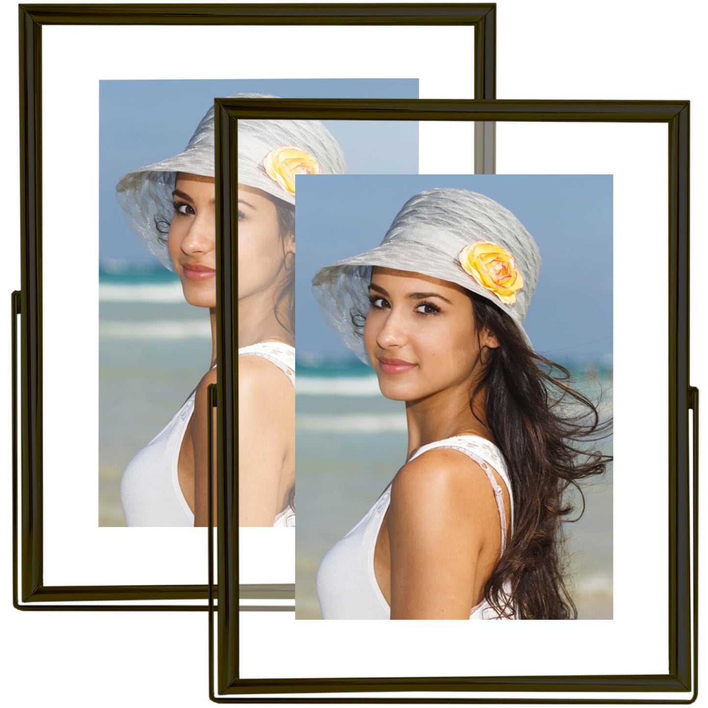 CROXXID 5x7 Floating Picture Frames Set of 2, Made of Metal and Double Real Glass, for Photo Size up to 7x9, Tabletop Display Home or Wedding Decoration (Vertical Black)
