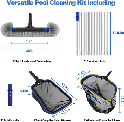 Poolvio 5-in-1 Pool Cleaning Kit - Semi-Deep Skimmer, Aluminum Leaf Rake & 20' Brush with 13' Pole