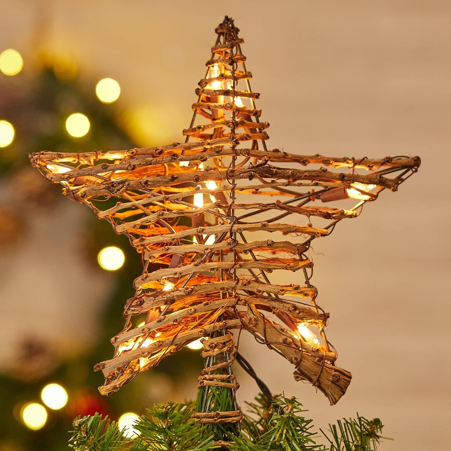 Rattan 3D Star Tree Topper, 12" Rustic Rattan Star with Built-in 10-Bulb String Lights for Christmas Decoration
