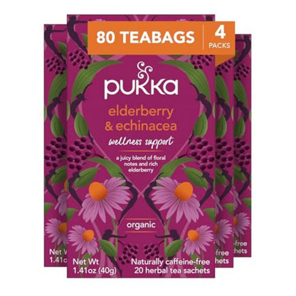 Pukka Elderberry & Echinacea Organic Herbal Tea, Perfect for Wellness Support, Caffeine Free, 80 Total Tea Bags (20ct - Pack of 4)