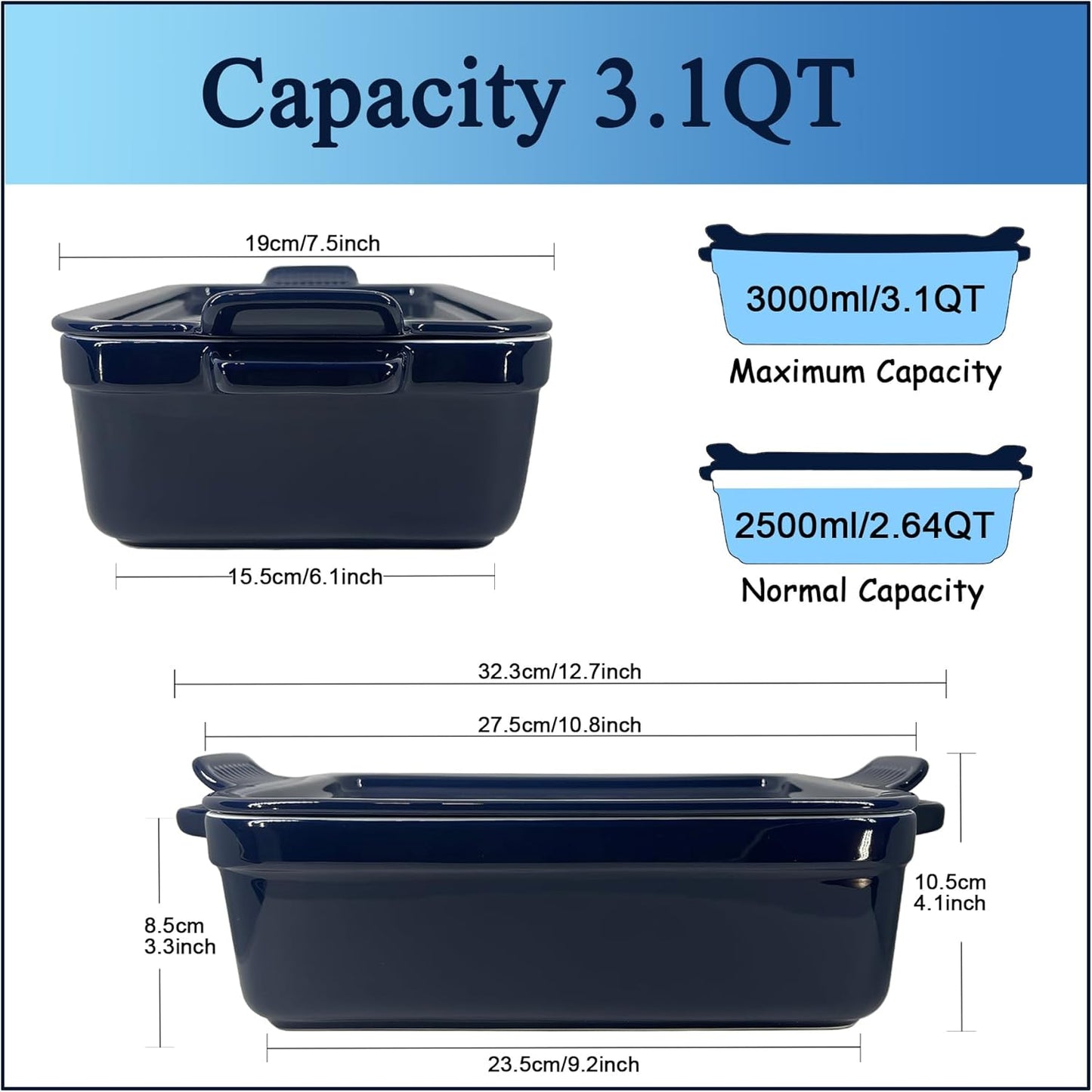 Skiennix Baking Pan - Deep Ceramic Lasagna Dish with Handles & Lid | Navy Blue, 3.1 Quarts