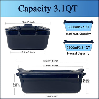 Skiennix Baking Pan - Deep Ceramic Lasagna Dish with Handles & Lid | Navy Blue, 3.1 Quarts