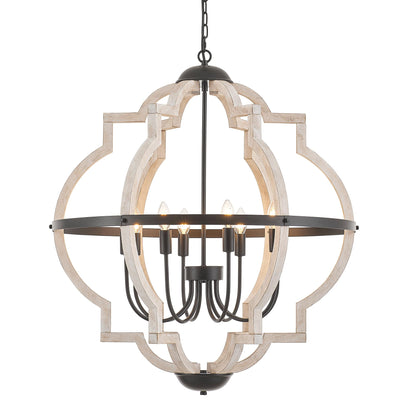 Faibra 8-Light Wood Pendant Light,31.96'' Vintage Rustic White Wood Chandeliers,Retro Industrial Hanging Light Fixtures for Dining Room Entryway, Bedroom