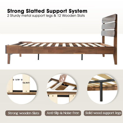 Full Size Solid Wood Platform Bed Frame, Headboard & Footboard, 12 Heavy-Duty Slatted Base, Center Metal Legs, Easy Assembly, No Box Spring Needed, Anti-Slip & Noise-Free, Walnut Finish OZF-37