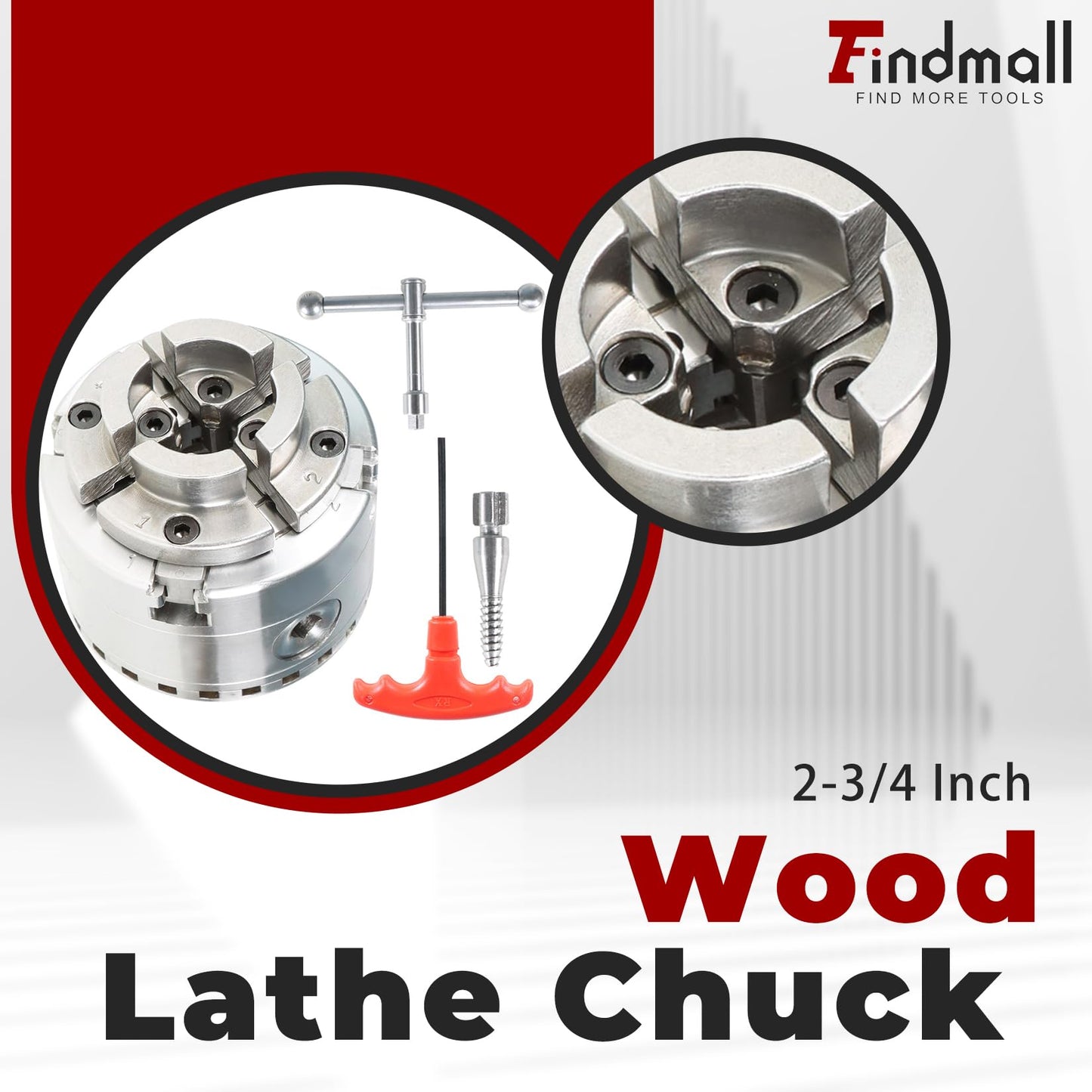 Findmall 2-3/4 Inch 4 Jaw Self-Centering Keyed Lathe Chuck Set Wood Lathe Chuck with 1-Inch x 8TPI Thread