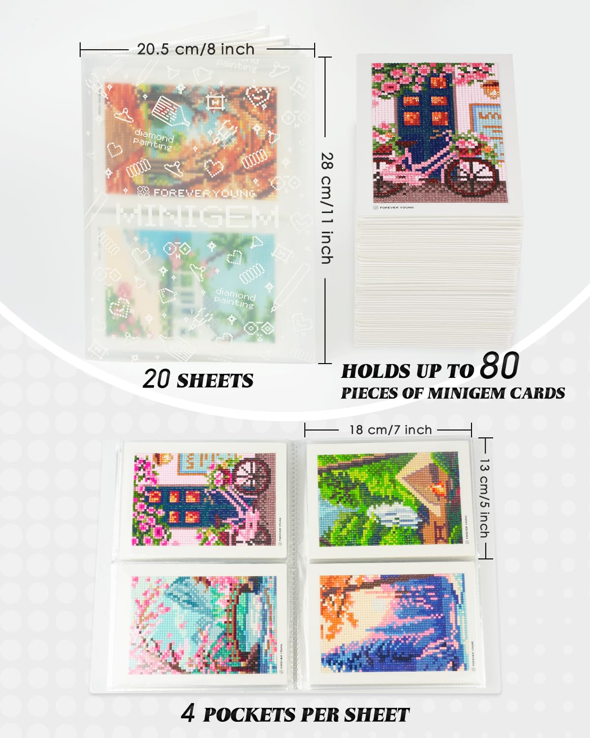 Foreveryoung 7-Inch Minigem Diamond Art Storage Book, 80 Pages Diamond Painting Accessories and Tools with Clear Protectors, Portfolio Folder for Artwork Organizer