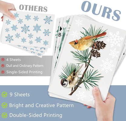 Mfault 187 PCS Winter Birds Pine Tree Branch Window Clings, Xmas Red Cardinal Blue Chickadee Decor