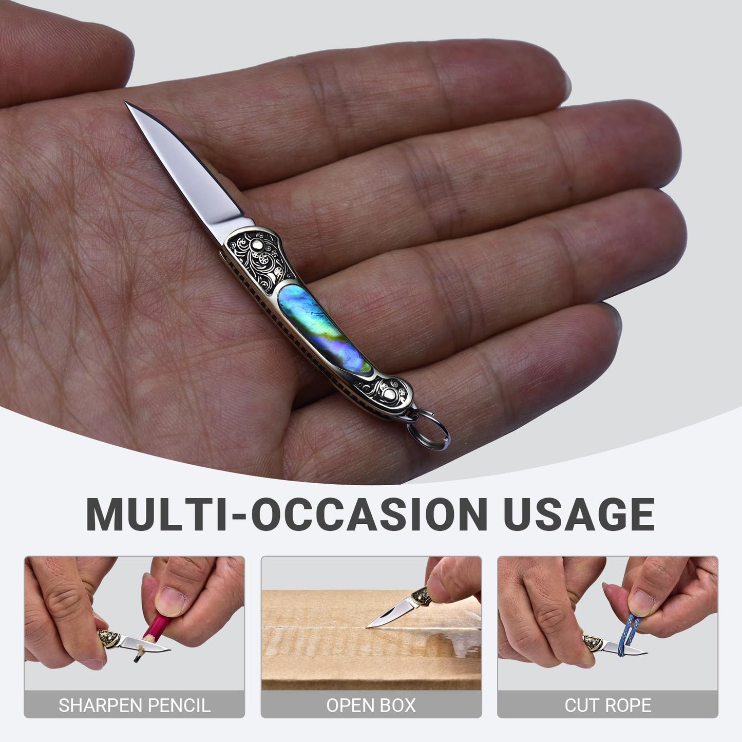 JPCRMOV Mini Folding Pocket Knife, Abalone Shell Handle, Keychain EDC Tool, 1.06” Blade, Ultra Lightweight 9g, Small Box Opener for Daily Carry