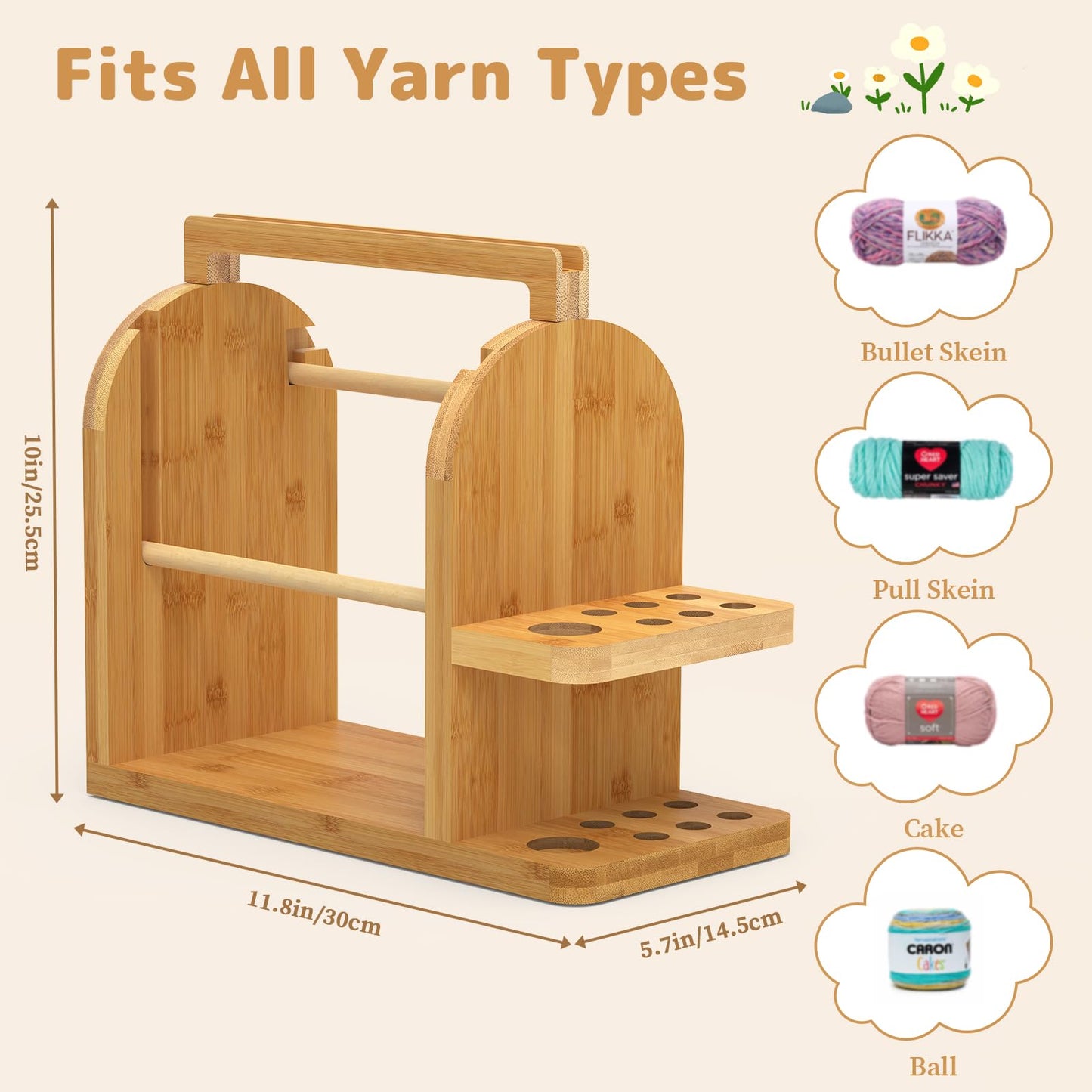sandpaint Yarn Holder for Crocheting, Durable Bamboo Wood Yarn Storage Organizer with Built-in Phone Stand, Tangle-Free Dual Rods & Tool Holder, Ideal Crochet Accessories for Skein, Cake, Ball Yarn