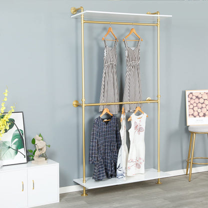 MDEPYCO Modern Simple 2 Tier Metal and Wood Garment Rack,Industrial Pipe Double Hanging Rods Clothing Rack,Retail Display Wall Mounted Storage Clothes Hanging Shelf (One Shelves,Gold, 55.2" L)