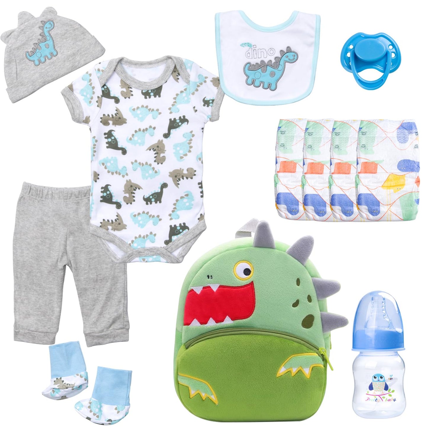 PEDOLLTREE Reborn Baby Dolls Clothes Accessories Dinosaur Outfit Set 12 Pcs Set for 17-22 Inch Reborn Doll Newborn Baby Boy with Green Dinosaur Backpack
