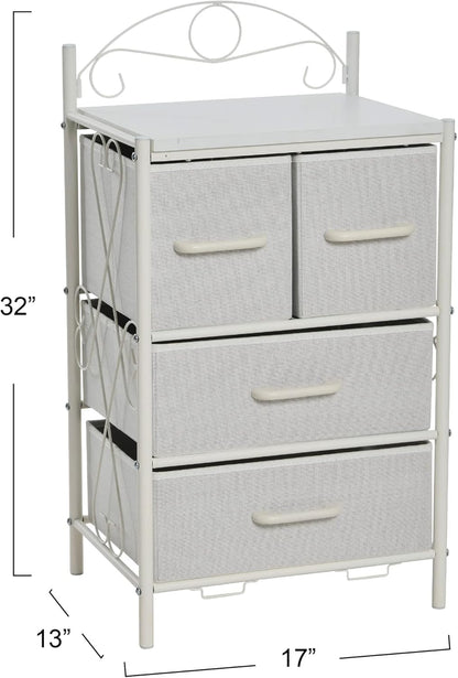 Household Essentials Victoria Dresser Nightstand, Storage Organizer with 4 White Drawers and Metal Frame