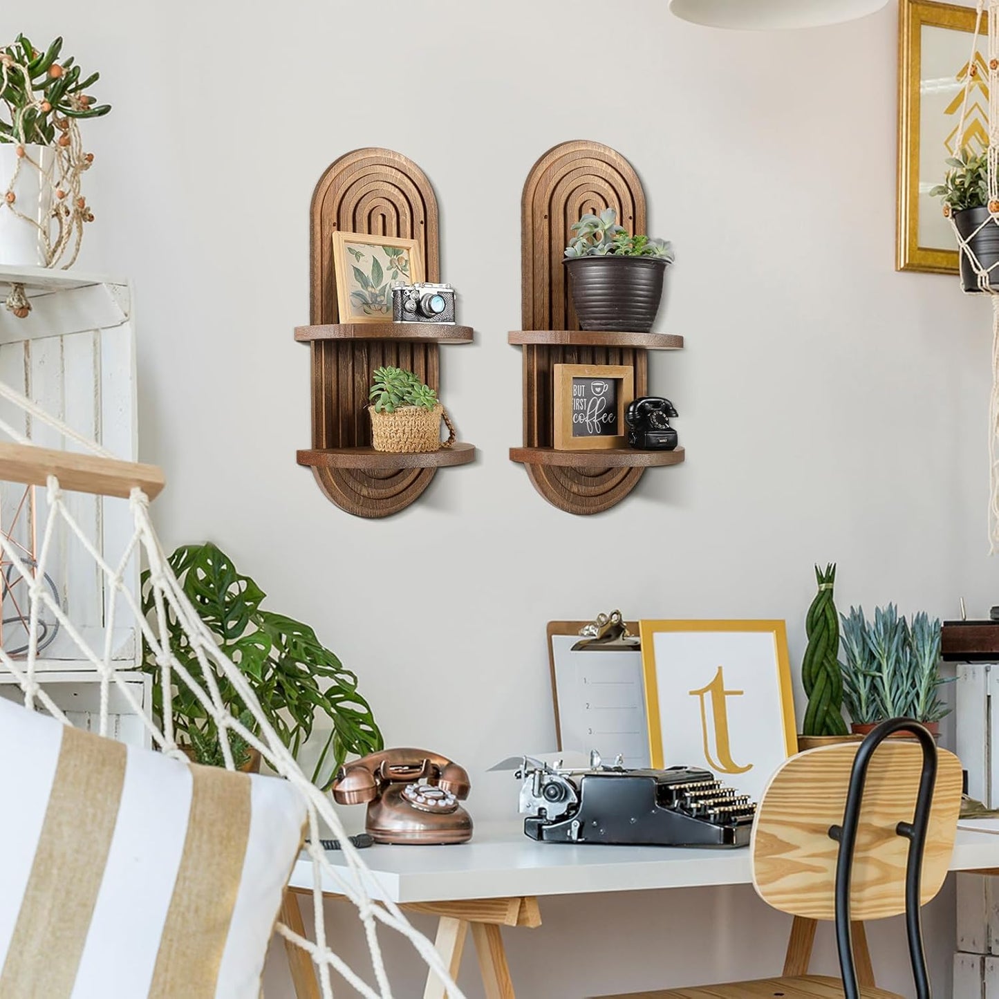 2 15.75 6.69 Inches(Brown) Wenqik Pcs Boho Wall Shelf Rainbow Arch Wooden Floating Shelf Mid Century Bohemian Hanging