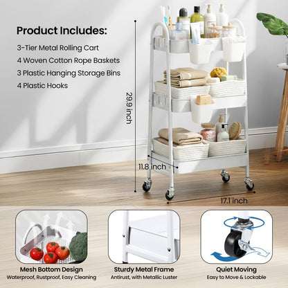 3-Tier Rolling Utility Cart with 4 Woven Baskets, Diaper Book Snack Cart, Storage Organizer for Nursery, Kitchen, Craft Room, Home SPA, Living Room, Metal Frame Trolley on Lockable Wheels, White