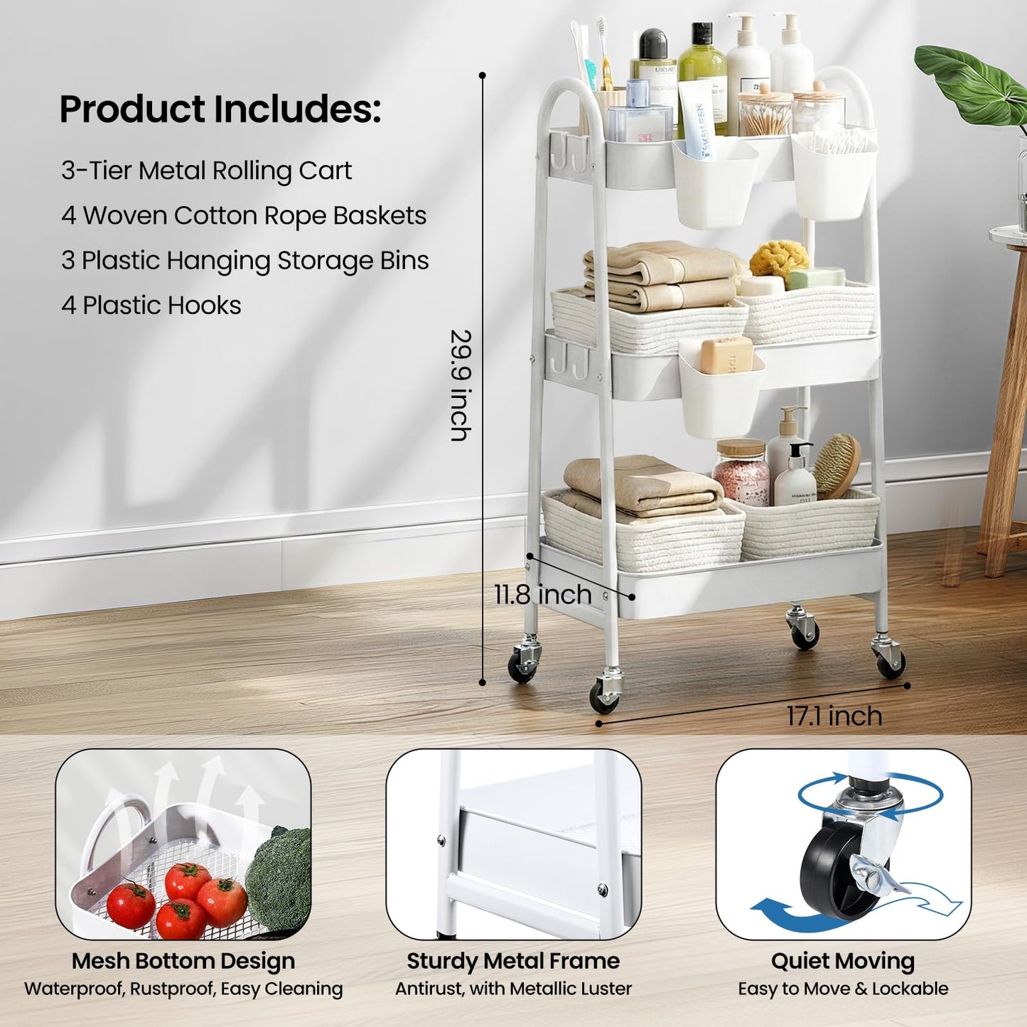 3-Tier Rolling Utility Cart with 4 Woven Baskets, Diaper Book Snack Cart, Storage Organizer for Nursery, Kitchen, Craft Room, Home SPA, Living Room, Metal Frame Trolley on Lockable Wheels, White