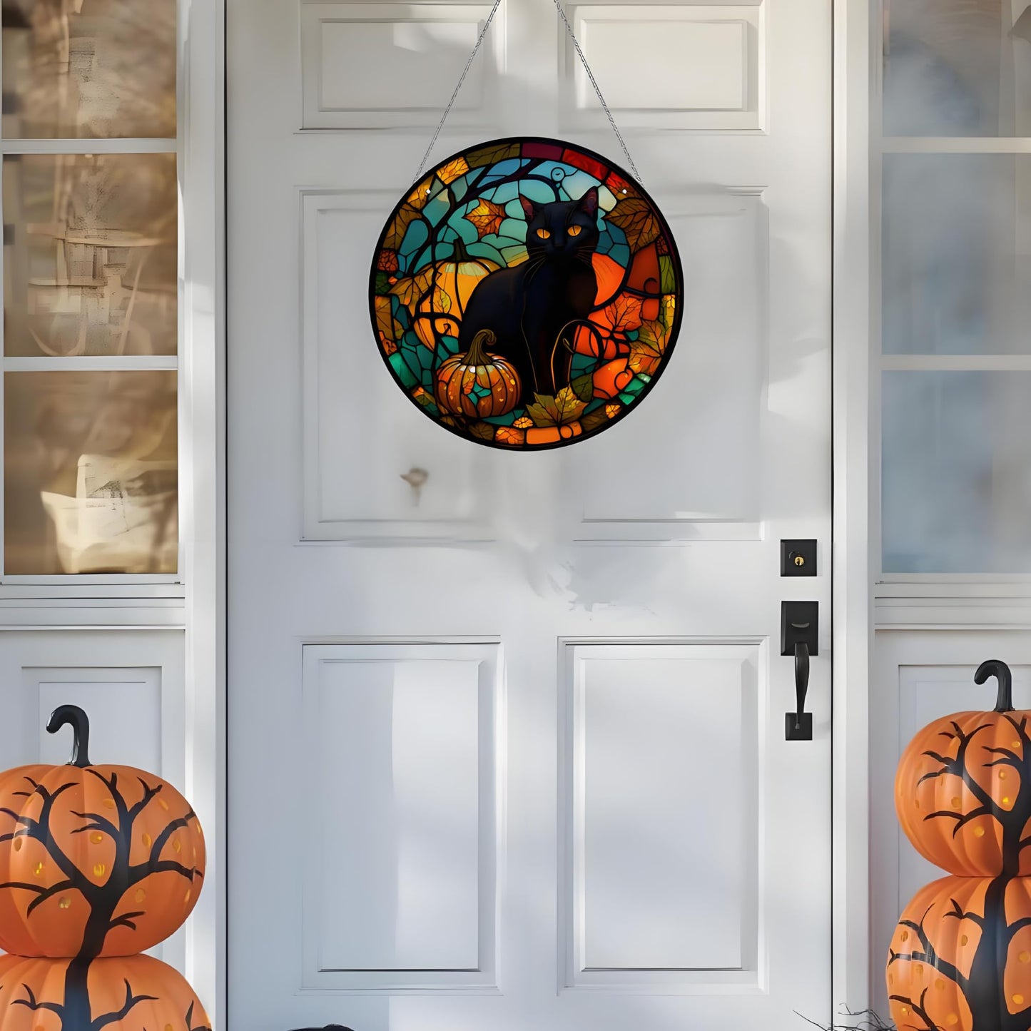 Halloween Decor, Black Cat Halloween Wreath Acrylic Window Hanging Decorations for Door Garden Bathroom Gifts Indoor Outdoor (Black cat)