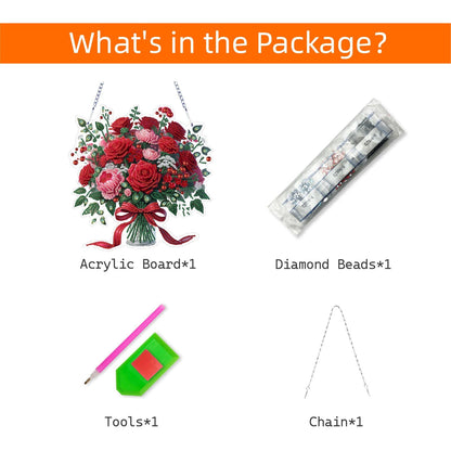 VODAPYC Mother's/Valentine's Day Rose Diamond Art Hanging Kits for Adults, DIY Acrylic Double Sided Special Shaped Diamonds Art Window Pendant Ornament(Red Rose Flower)