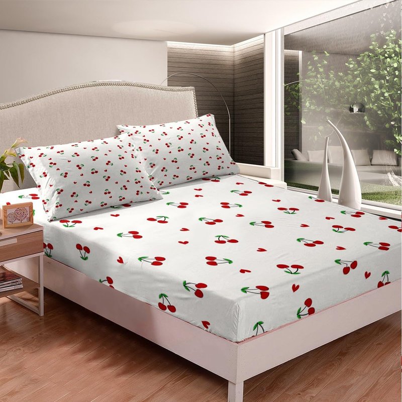 Feelyou Kids Red Cherry Fitted Sheet Queen Size, Cherry Pattern Bed Sheet Set Boys Girls Cute Fruit Bedding Set Kawaii Cartoon Fruit Teens Bed Cover Room Decor Lightweight Bed Set (No Flat Sheet)