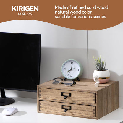 KIRIGEN Wooden Desk Organizer with 2 Drawers, Wood Desktop Storage Cabinet, Shallow Office Drawer Organizer for Printer Paper and Mail, No Assembly, 13.78 W x 10.6 D x 5.9 H In, FAX-DBR