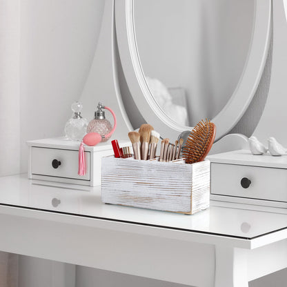 Pencil Pen Holder for Desk, White Washed Wood Office Desk Organizers and Accessories with 4 Slots for Countertop, Makeup Brush Holder Organizer for Bathroom Vanity, Silverware Caddy for Party