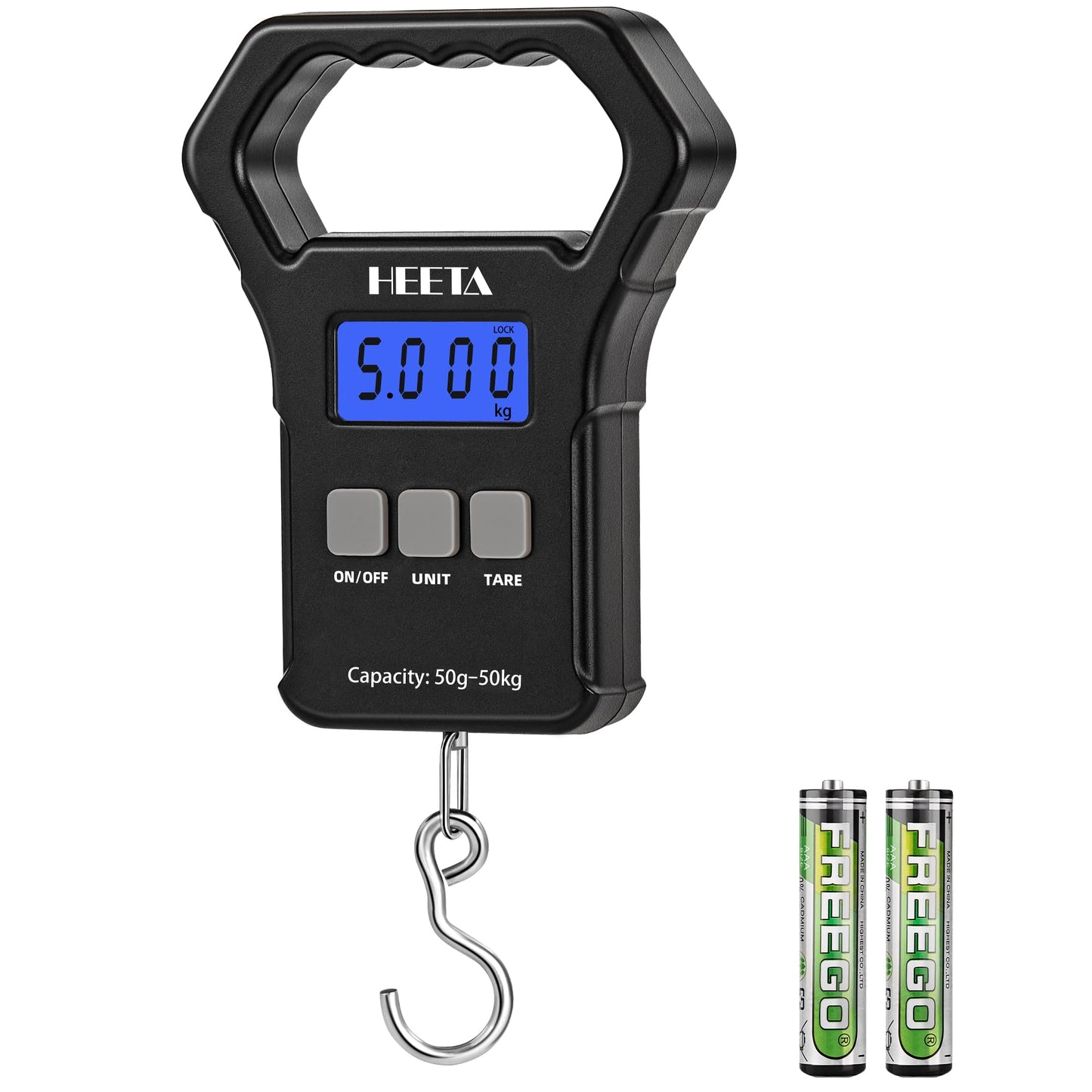 HEETA Fish Scale, 110lb/50kg Digital Portable Hanging Fishing Weight Scale with Backlit LCD Display, Luggage Scale with Non-Slip Large ABS Handle & 2 AAA Batteries, Fishing Gifts Gear for Men, Black
