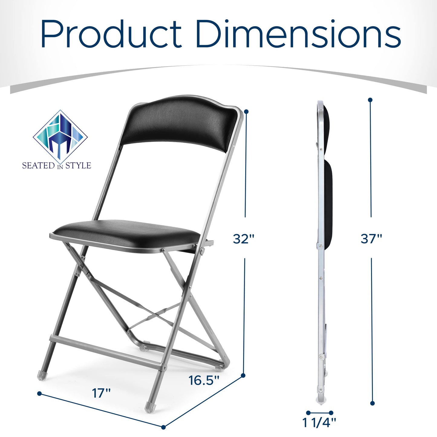 Gold Furnishings Premium Folding Chairs 4 Pack – Narrow 15” Seat, Padded Seat & Back – Folds Ultra Slim (~1 Inch) – Elegant Event Seating for Weddings, Parties & Dining Silver Frame Black Vinyl