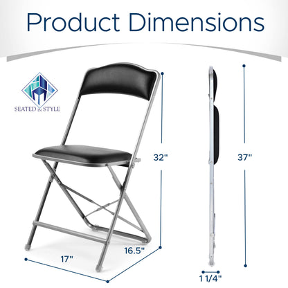 Gold Furnishings Premium Folding Chairs 4 Pack – Narrow 15” Seat, Padded Seat & Back – Folds Ultra Slim (~1 Inch) – Elegant Event Seating for Weddings, Parties & Dining Silver Frame Black Vinyl