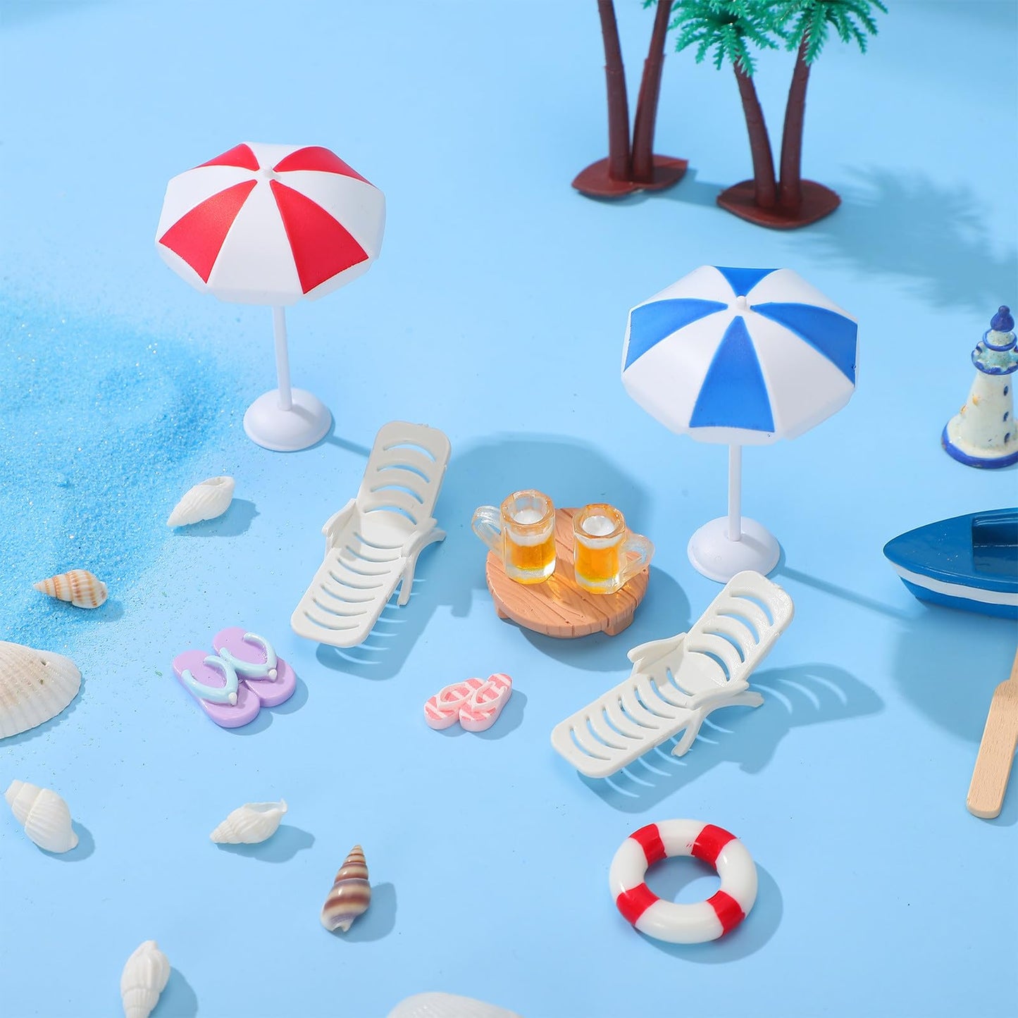9pcs Miniature Beach Decor - Mini Umbrella Chair Table and Drinks Set for Dollhouse Furniture, Beach Cake Decorations Toppers - Micro Resin Miniature Dollhouse Accessories for Fairy Garden, Pool