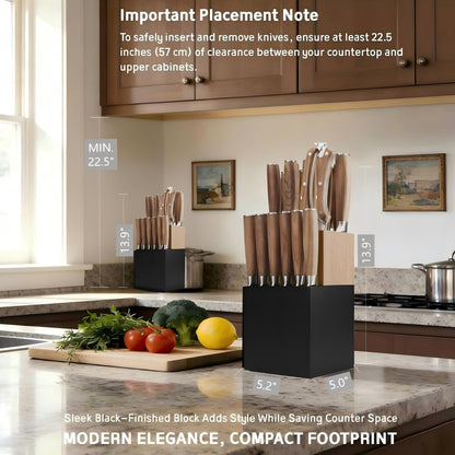 Kangdelun Ultra Sharp 14-Piece Kitchen Knife Set, High Carbon Stainless Steel Blades, Torrefied Brown Wood Handles, Ergonomic Design, Space-Saving Black-Finished Wood Block, Easy Hand Wash, Gift Box