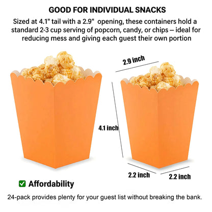 AimtoHome Orange Popcorn Boxes 24 Pack, 4.1" Disposable Snack Containers for Movie Night, Birthday Party Favors, Carnival Concession Supplies