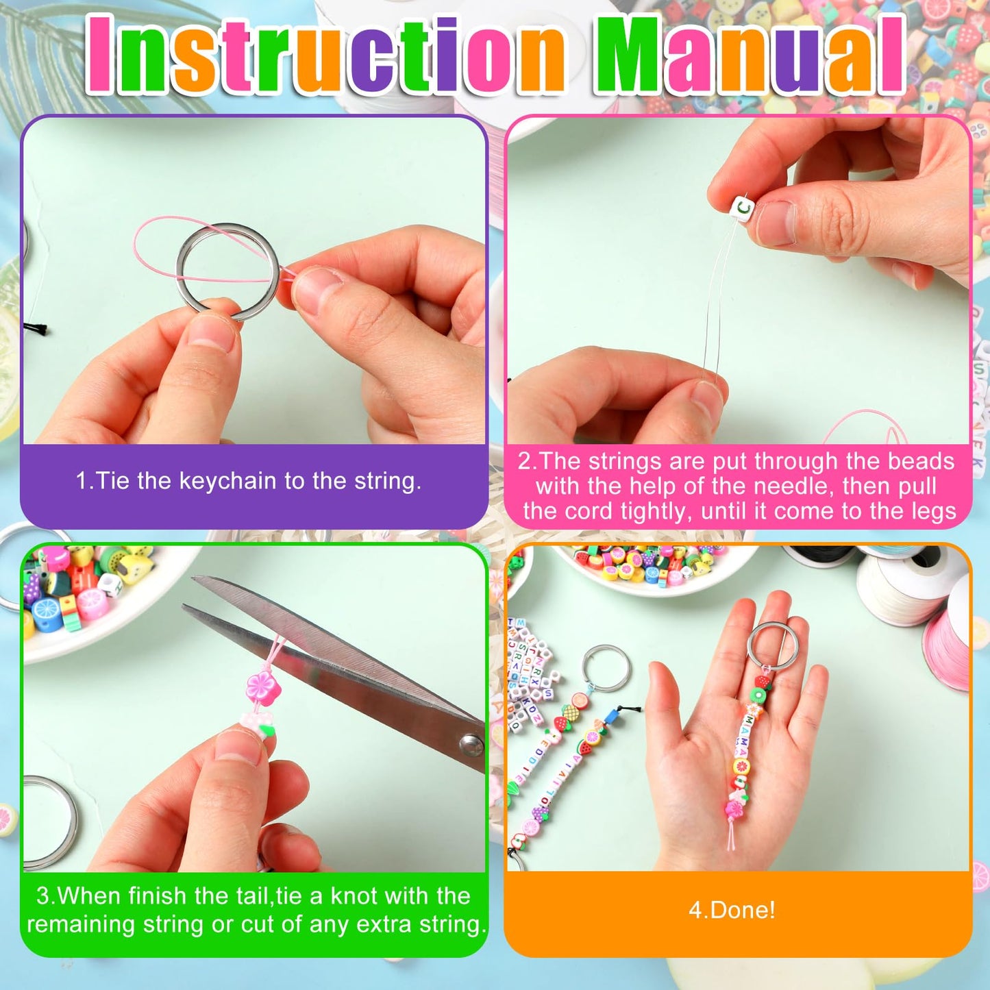 Landical 564 Pcs DIY Fruit Bead Keychain Kit Summer Key Chain Making Craft Adjustable Letter Beads String Mama Tropical Gift Alphabet Jewelry Backpack Accessories Holiday Party Favor(Lucky Color)