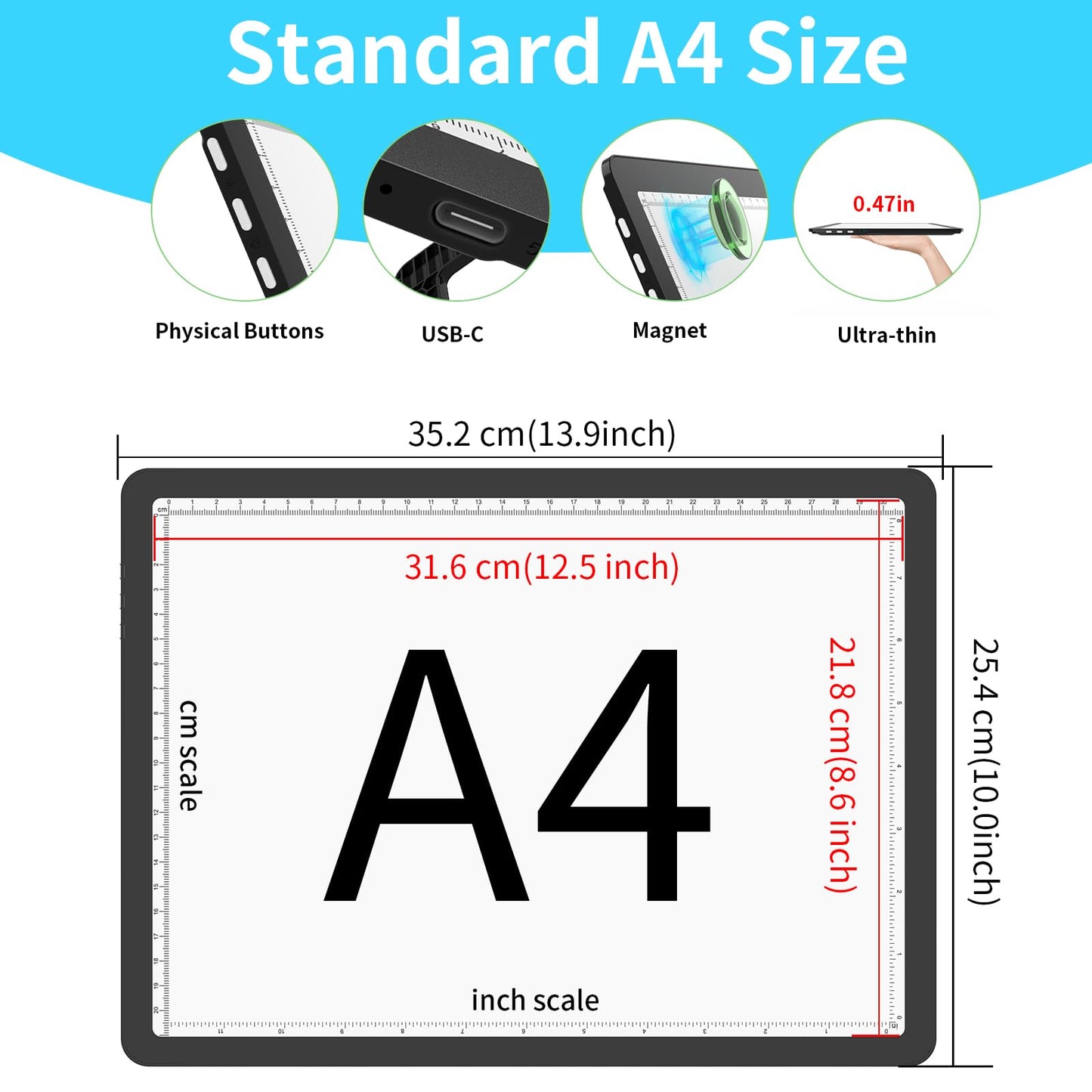 Phylosal Rechargeable A4 LED Light Pad with Built-in Stand, Magnetic Tracing Light Box for Drawing, Diamond Art Light Board with Side Button, Super Bright Light Table for Diamond Painting, Sketching