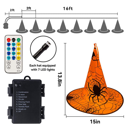 WATERGLIDE Halloween Decorations 8 Pcs Lighted Hanging Witch Hats, with 8 Modes Light Up 16 FT Halloween String Lights, for Indoor Outdoor Yard, Lawn, Graveyard Scenes Party