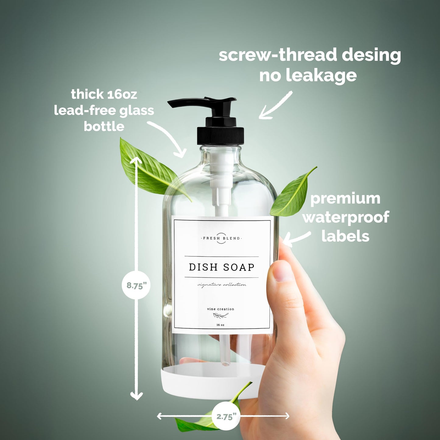 Vine Creations Clear Glass Soap Dispenser, 2 Pack Kitchen Soap Dispenser Set with Rustproof Pump, 16 oz Dish Soap and Hand Soap Dispensers for Bathroom with Waterproof Labels