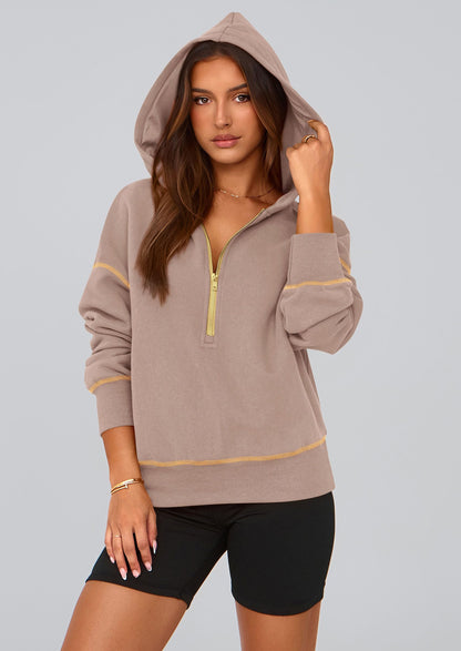 PRETTYGARDEN Women's 2025 Fall Hooded Sweatshirts Long Sleeve Half Zip Cropped Hoodies Pullover Winter Fashion Clothes (Khaki,Medium)