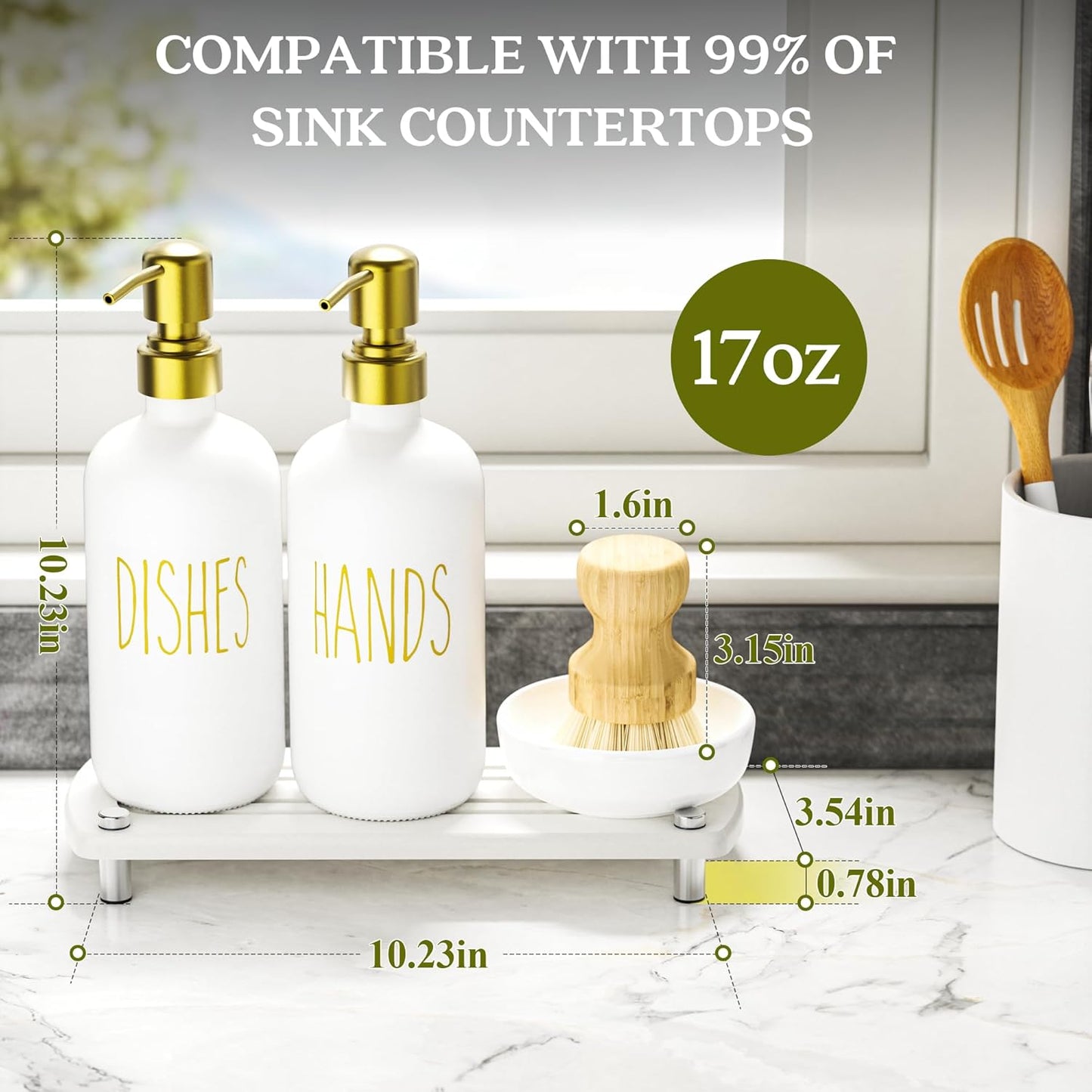 galasily Set Set Gold Soap Dispenser Comes with Stainless Steel Pumps, Instant Dry Tray, and Dish Scrub Brush, Kitchen