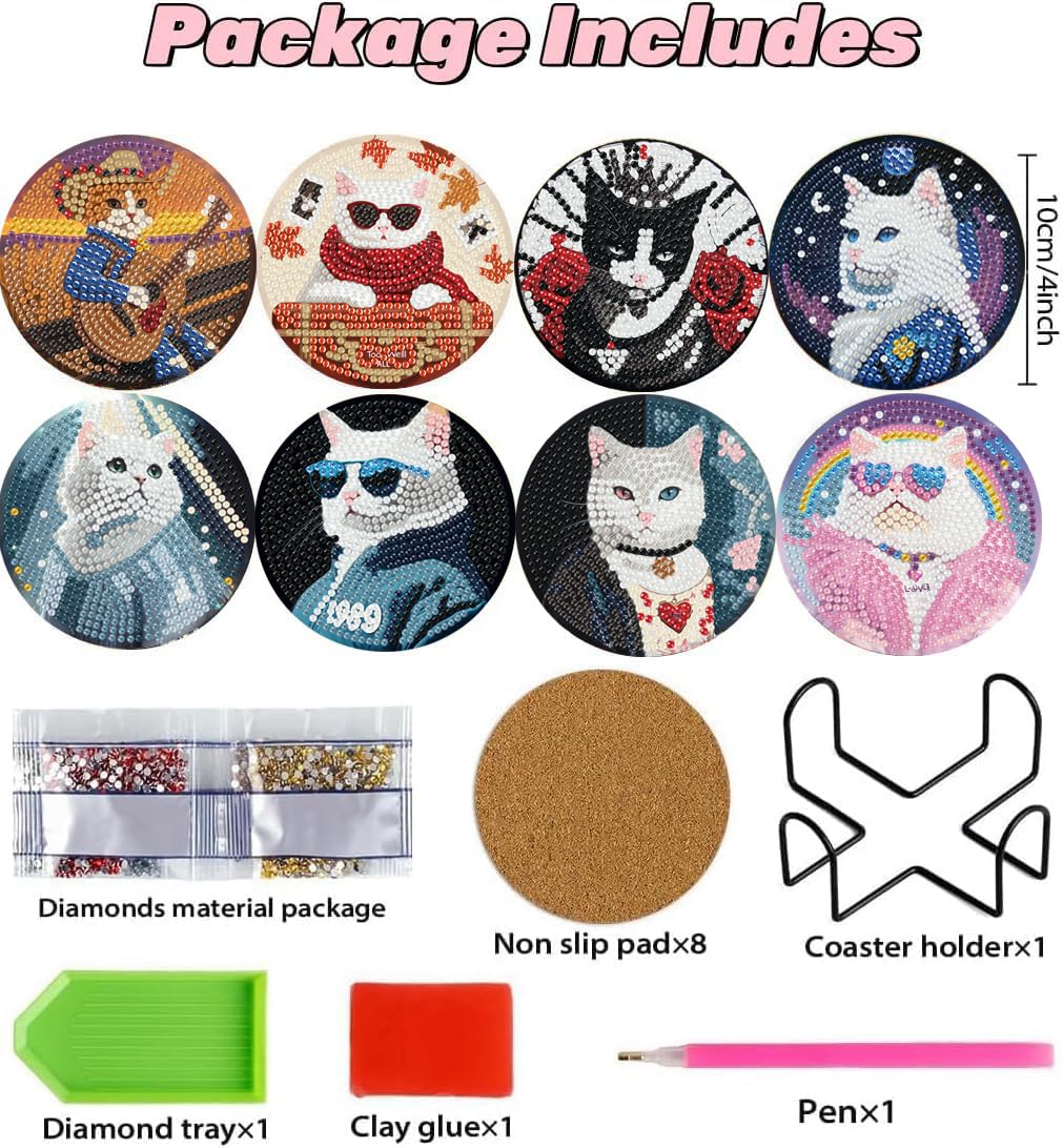Puraikcmi 8PCs Diamond Paintings Coasters Kits Set, Cat Diamond Art Coasters with Holder, DIY Crafts Diamond Art Kits Adults Craft Diamond Gem Art Gift (Album Inspied Cat)