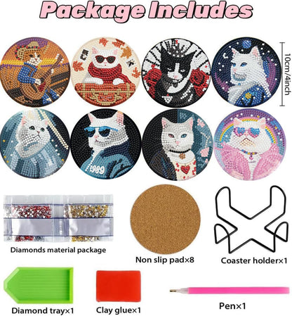 Puraikcmi 8PCs Diamond Paintings Coasters Kits Set, Cat Diamond Art Coasters with Holder, DIY Crafts Diamond Art Kits Adults Craft Diamond Gem Art Gift (Album Inspied Cat)