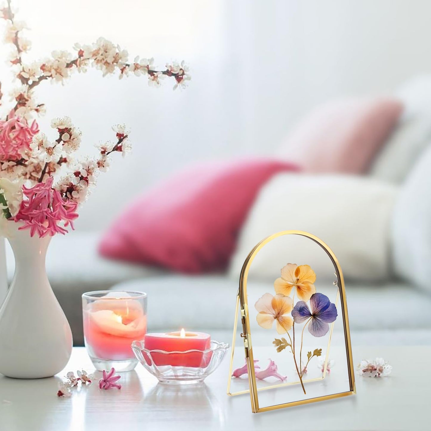 OGANAZI 4x6 Inch Double Glass Pressed Flower Frame - Golden Floating Frames for Dried Flowers, Art, Photos | Vintage Pressed Flower Frame Tabletop Display Holder for Home Plant Specimen (Half Circular)