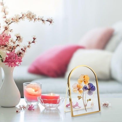 OGANAZI 4x6 Inch Double Glass Pressed Flower Frame - Golden Floating Frames for Dried Flowers, Art, Photos | Vintage Pressed Flower Frame Tabletop Display Holder for Home Plant Specimen (Half Circular)