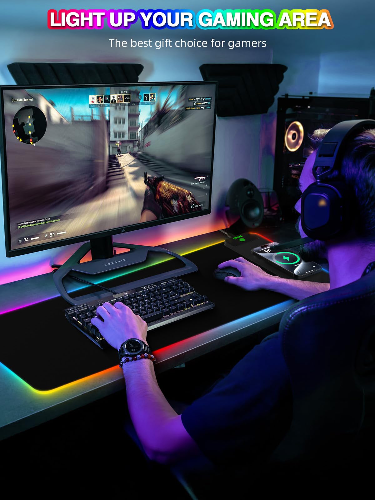 Mouse Pad with Wireless Charging, Large Desk Mat RGB Gaming Mousepad, 10 Light Colors LED Gaming Pad Keyboard Pad with Ultra-Smooth Surface & Non-Slip Rubber Base, Waterproof Full Desk Mouse Pad