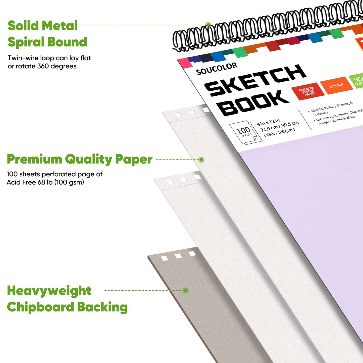 Soucolor 9" x 12" Sketch Book, 2 Pack School Art Supplies Gifts for Girl, Birthday Gifts for Women, Thank You Gifts, Stocking Stuffers,200-Sheets Each (68lb/100gsm) Purple Drawing Notebook for Kids