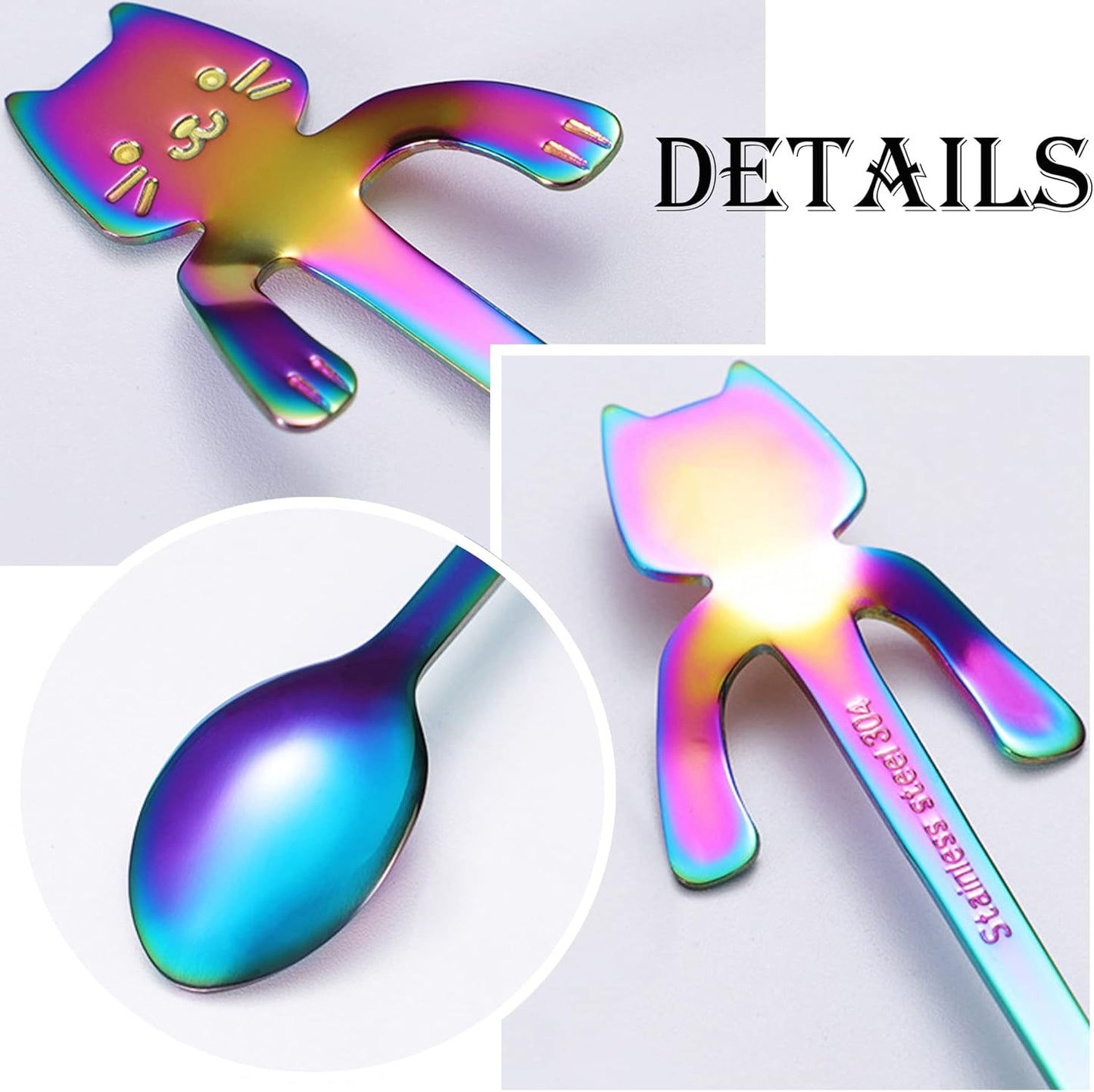 6 PCS Cat Spoon Coffee Tea Spoon Set, ESRISE Stainless Steel Mini Long Cute Kitten Teaspoons for Dessert Mixing