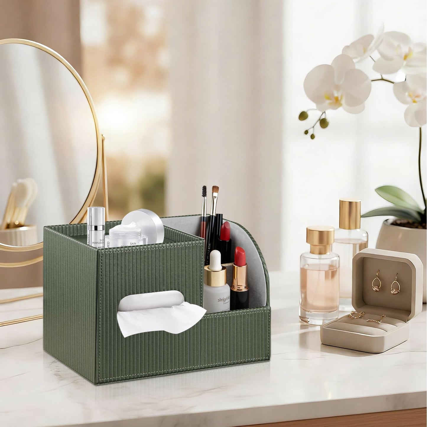 Fanousy Modern PU Leather Cube Tissue Box Cover with Storage Tray, Multifunctional Remote Control Holder & Facial Tissue Dispenser Organizer for Nightstand, Bathroom, Bedroom, Office & Home Decor