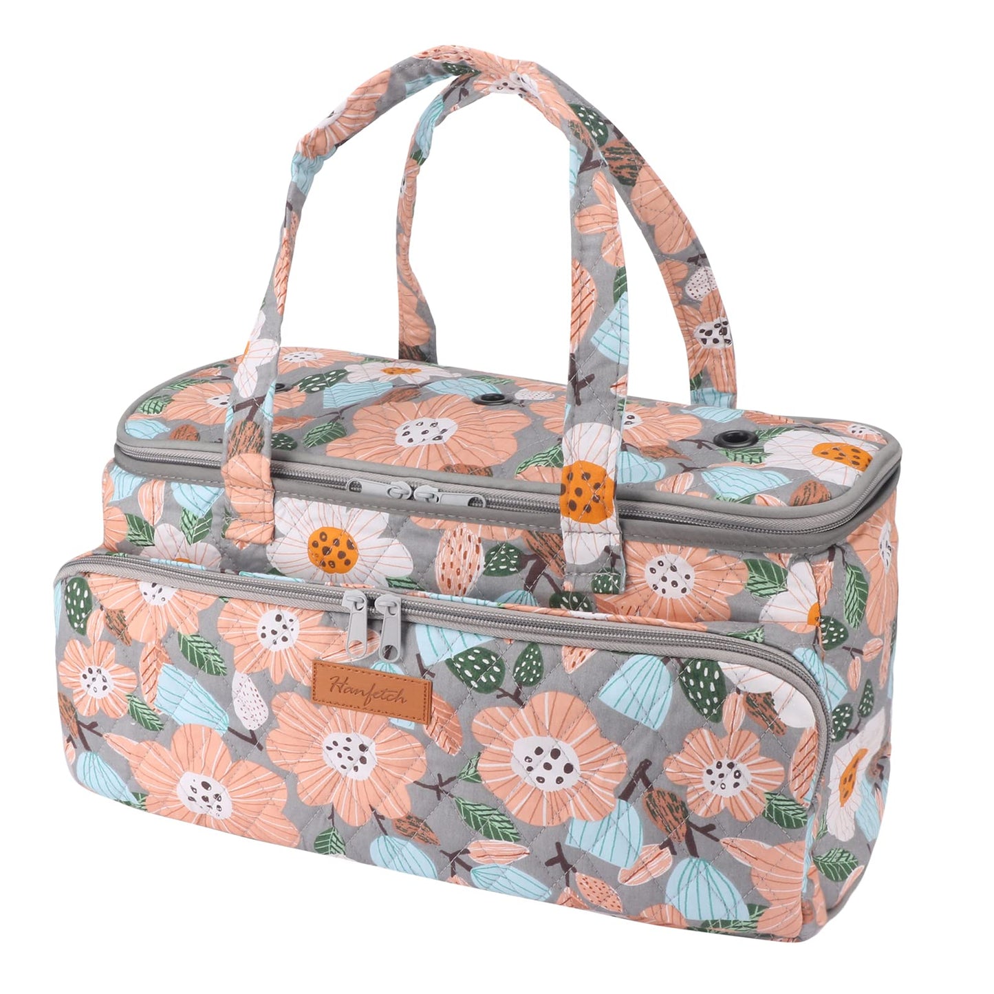 Hanfetch Yarn Bag-Large Size-Yarn Storage Organizer with Grommets-Portable Crochet Bag for Yarn Skeins-Crochet Hooks-Knitting Needles -Other Accessories (Flower-Grey)