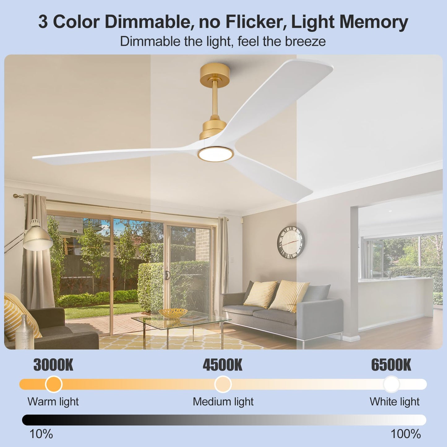 VCQQ 72 Inch Outdoor Ceiling Fans with Lights, Remote Control, Wall Switch, Reversible, Dimmable White and Gold Ceiling Fan with Light, Modern 3 Blade Wood Ceiling Fans for Living Room Patio