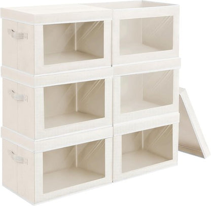 Homsorout Foldable Storage Boxes - Large Organiser Cubes with Lids & Clear Windows | Beige Fabric Containers