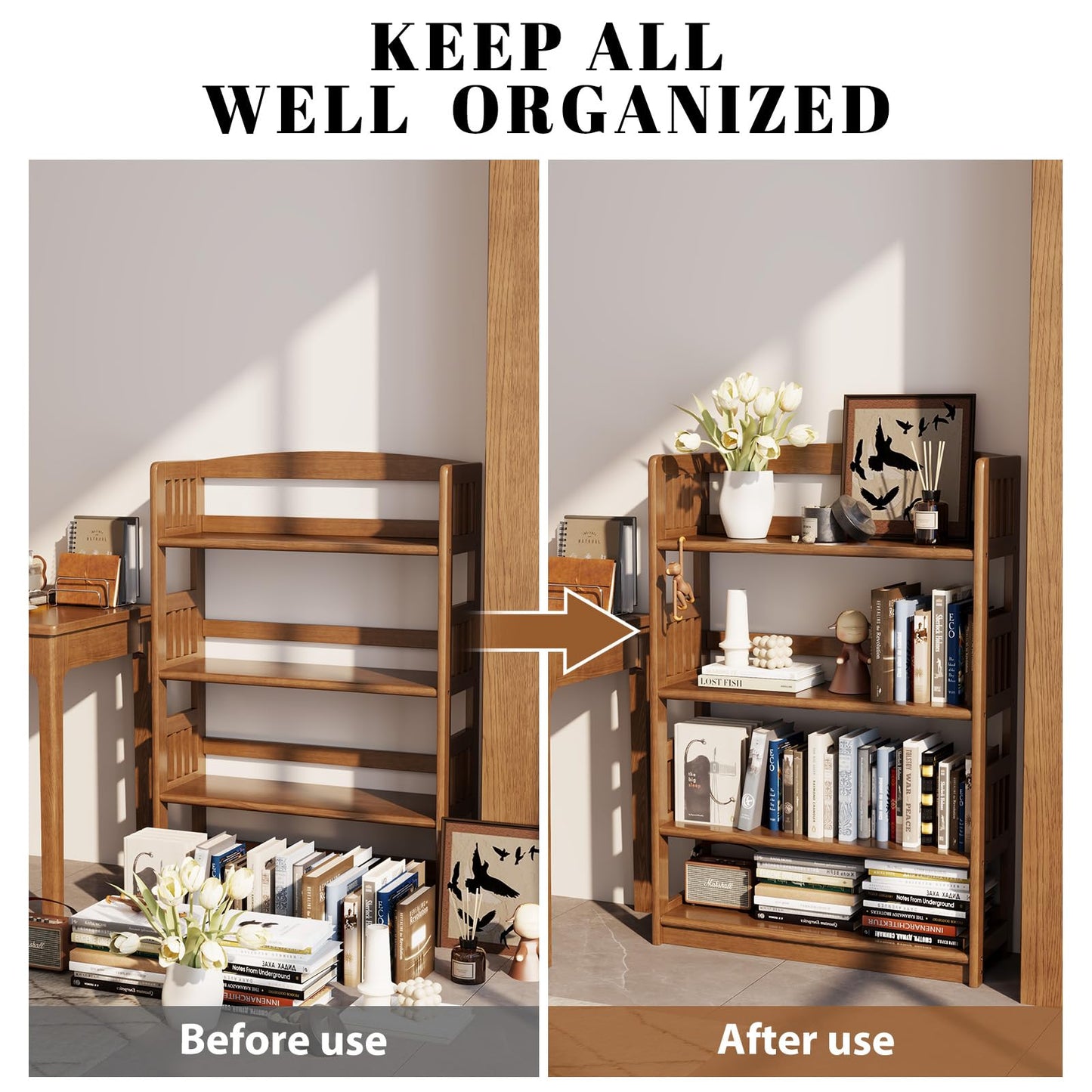 AnywaysWood 4 Tier Solid Wood Open Shelf Bookcase,Modern Wooden Display Bookshelf,Farmhouse Wide Bookshelves, Freestanding Storage Cabinet for Study Room Office Living Room sunroom